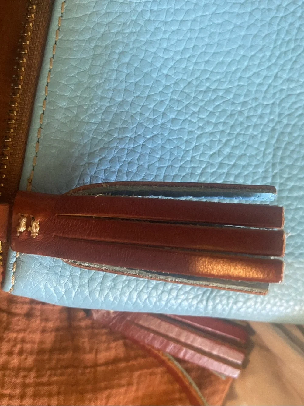 Dooney & Bourke Light Blue Pebbled Leather Clutch with Brown Trim
